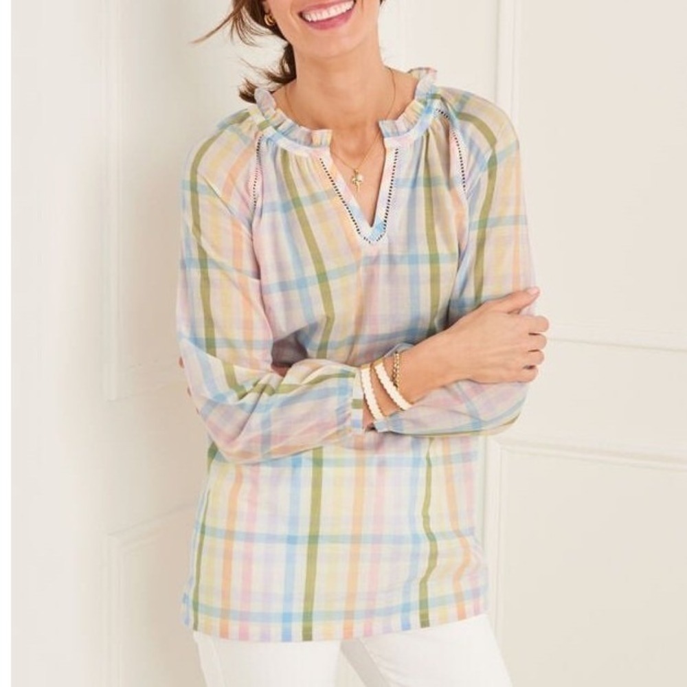 Talbots Rainbow Plaid Ruffle Tunic Cotton Pullover Top Feminine Classic Heritage
